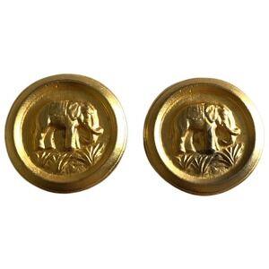 Ellen Designs Clip Button Earrings Brushed Gold Elephant Signed 1980s